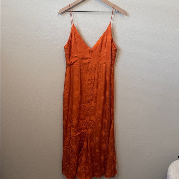 SAU LEE Francesca Midi Maxi Spaghetti Strap Gown Orange Jacquard Leaves Print 10 - Picture 7 of 7